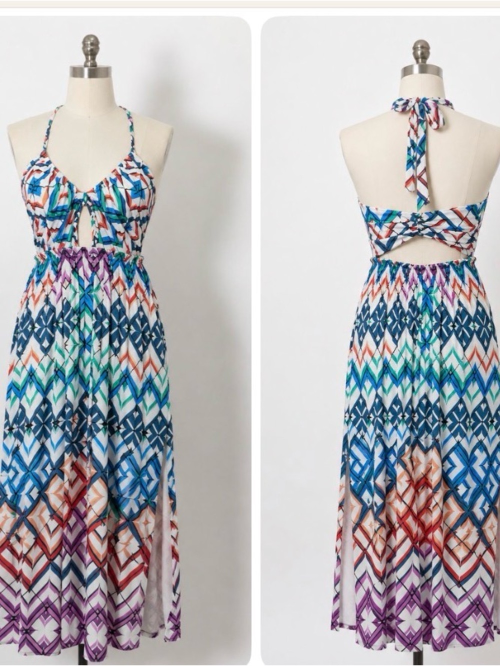 Anthropologie Multicolor Halter Maxi Dress with Geometric Chevron Print